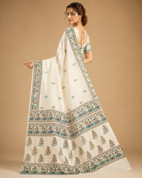 Ethnic Folk Art Cream Saree