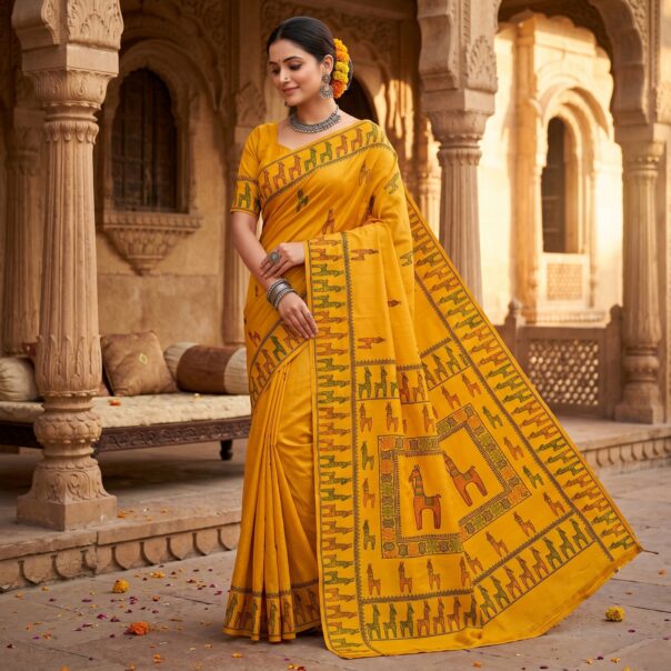Mustard Tribal Art Silk Saree