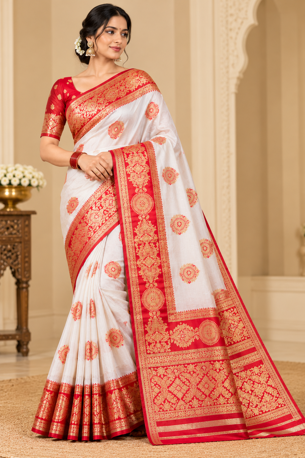White and Red Banarasi Saree